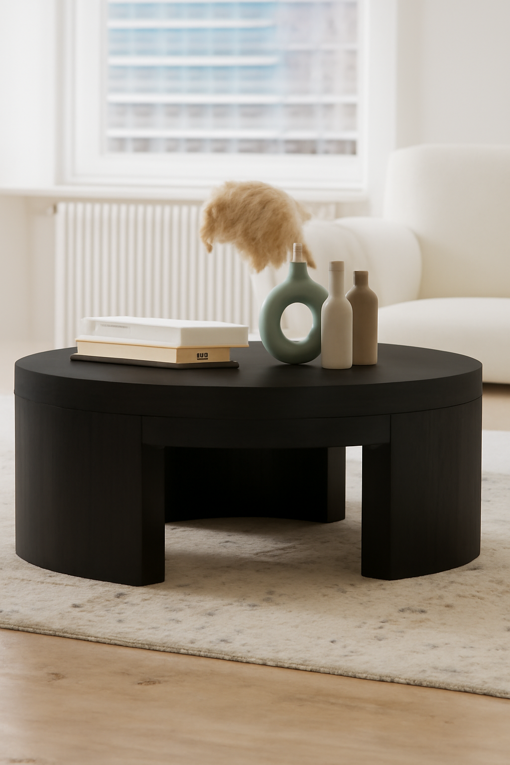 Beautiful Mod Round Coffee Table by Drew Barrymore, Black Wood Finish