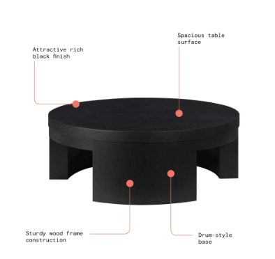 Beautiful Mod Round Coffee Table by Drew Barrymore, Black Wood Finish