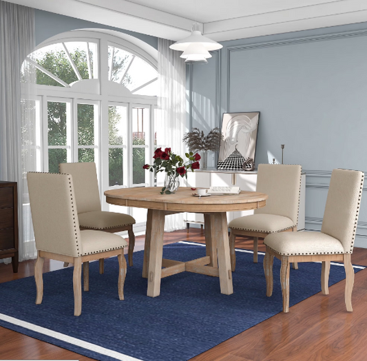 Extendable Round Dining Table Set for 4-6 with Upholstered Chairs – Farmhouse Style