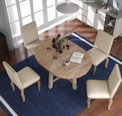 Extendable Round Dining Table Set for 4-6 with Upholstered Chairs – Farmhouse Style