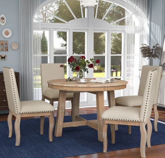 Extendable Round Dining Table Set for 4-6 with Upholstered Chairs – Farmhouse Style