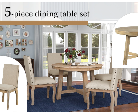 Extendable Round Dining Table Set for 4-6 with Upholstered Chairs – Farmhouse Style