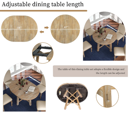 Extendable Round Dining Table Set for 4-6 with Upholstered Chairs – Farmhouse Style