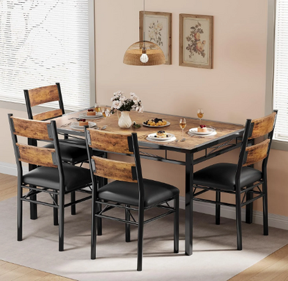 Rustic Wood Dining Table Set for 4 with Upholstered Chairs – Compact & Space-Saving