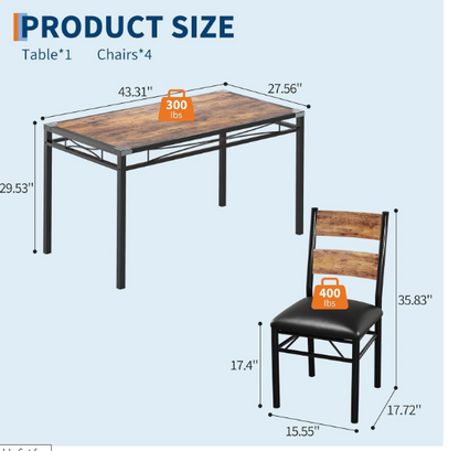 Rustic Wood Dining Table Set for 4 with Upholstered Chairs – Compact & Space-Saving