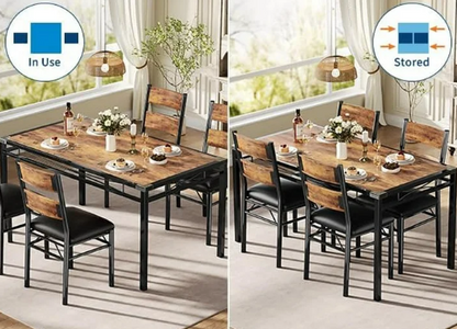 Rustic Wood Dining Table Set for 4 with Upholstered Chairs – Compact & Space-Saving