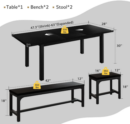 Extendable Dining Table Set for 4-8 with Stools – Space-Saving & Modern Design