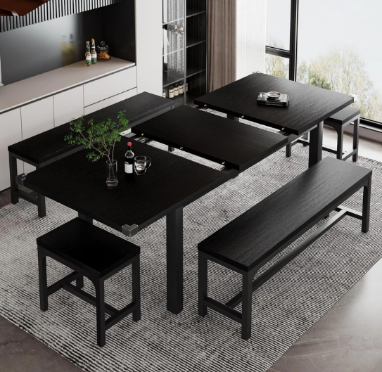 Extendable Dining Table Set for 4-8 with Stools – Space-Saving & Modern Design