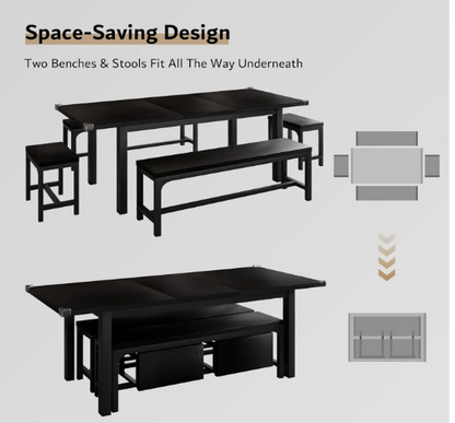 Extendable Dining Table Set for 4-8 with Stools – Space-Saving & Modern Design